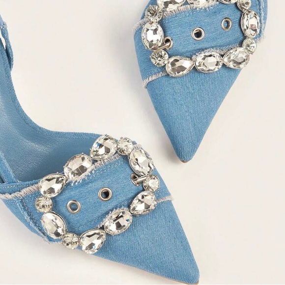 Blue Denim Embellished Sling Back Heels Pumps Shoes - Picture 2 of 4